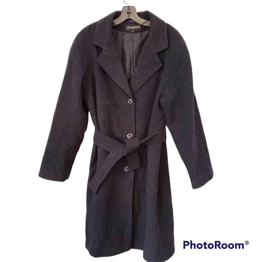 Sandro 100% Pure Wool Charcoal Gray Belted Long Coat Structured Size 10